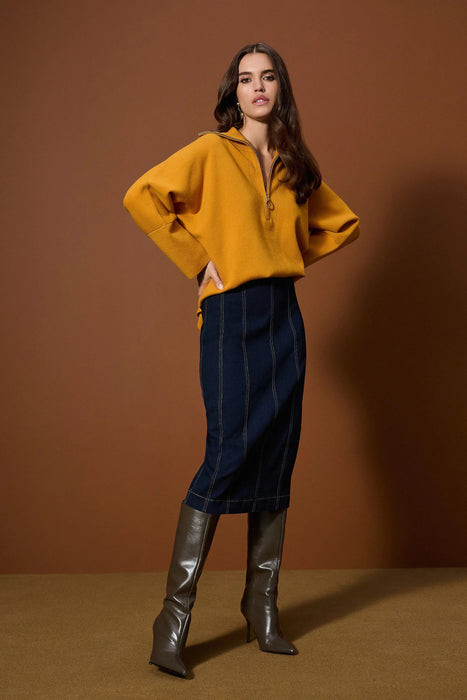 Joseph Ribkoff Indigo Panelled Stretch Midi Denim Skirt 253996