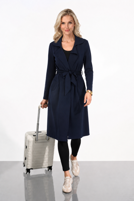 Joseph Ribkoff Indigo Scuba Jersey Knit Belted Long Jacket 261602