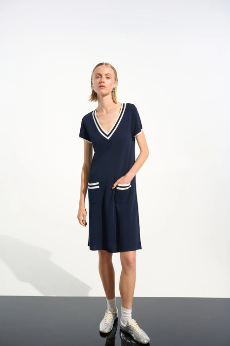 Joseph Ribkoff Indigo/Vanilla Striped Rib Trim A-Line Dress 261648