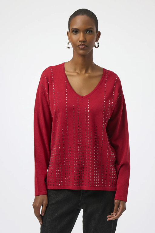Joseph Ribkoff 254966 Deep Cherry Iron-On V-Neck Pullover Sweater