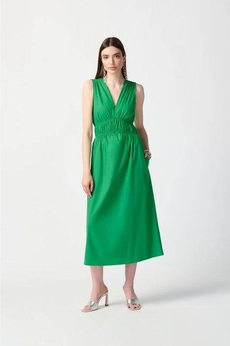 Joseph Ribkoff Style 241127 Island Green Shirred V-Neck Sleeveless Midi A-Line Dress
