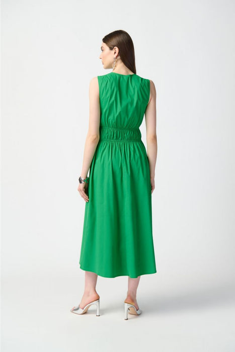 Joseph Ribkoff Island Green Shirred V-Neck Sleeveless Midi A-Line Dress 241127