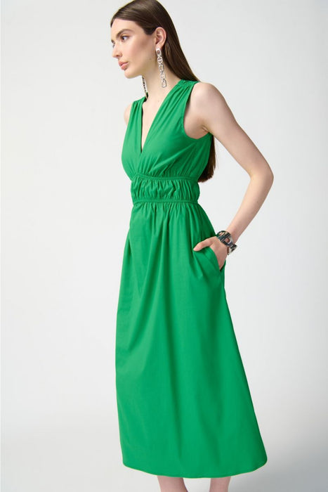 Joseph Ribkoff Island Green Shirred V-Neck Sleeveless Midi A-Line Dress 241127