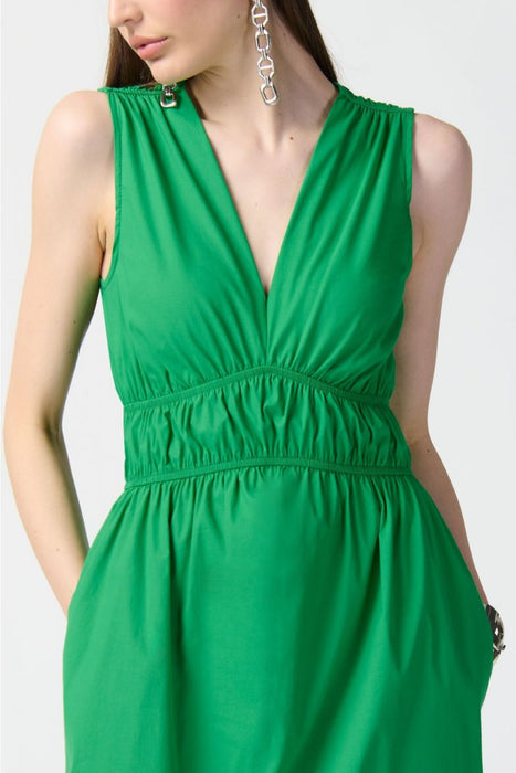 Joseph Ribkoff Island Green Shirred V-Neck Sleeveless Midi A-Line Dress 241127
