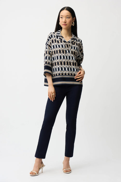 Woman wearing Joseph Ribkoff Jacquard Straight Pull-On Pants, featuring a textured fabric, slim straight-leg fit, and pull-on waistband for a polished and comfortable modern look.