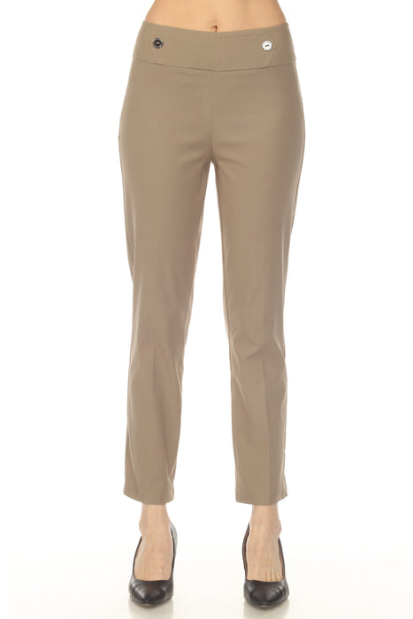 Woman wearing a beige slim fit straight leg pant with contour waistband and ankle length from Joseph Ribkoff