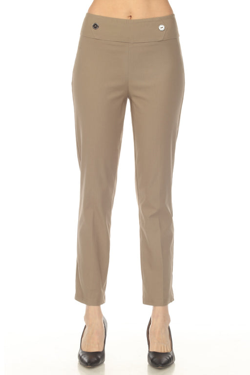 Woman wearing a beige slim fit straight leg pant with contour waistband and ankle length from Joseph Ribkoff