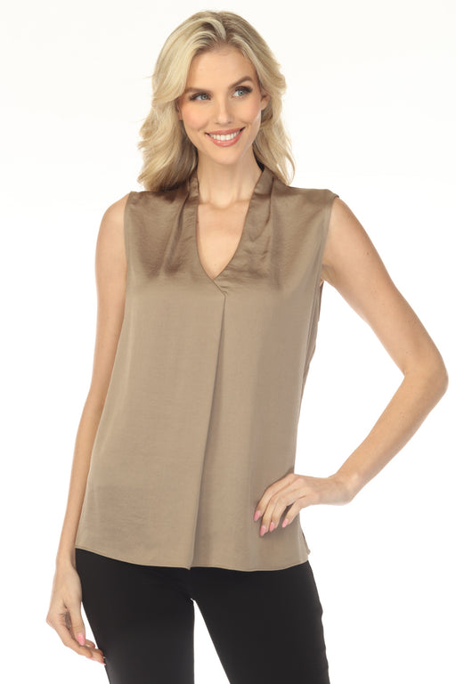 Woman wearing a sleeveless taupe satin top with v-neck and pleat details from Joseph Ribkoff