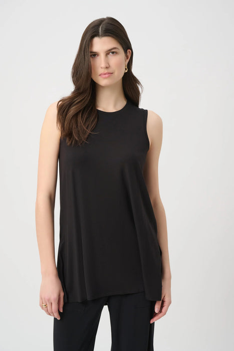 Woman wearing Joseph Ribkoff jersey sleeveless straight tunic top styled for layering, office wear, casual outings, and comfortable everyday chic looks.