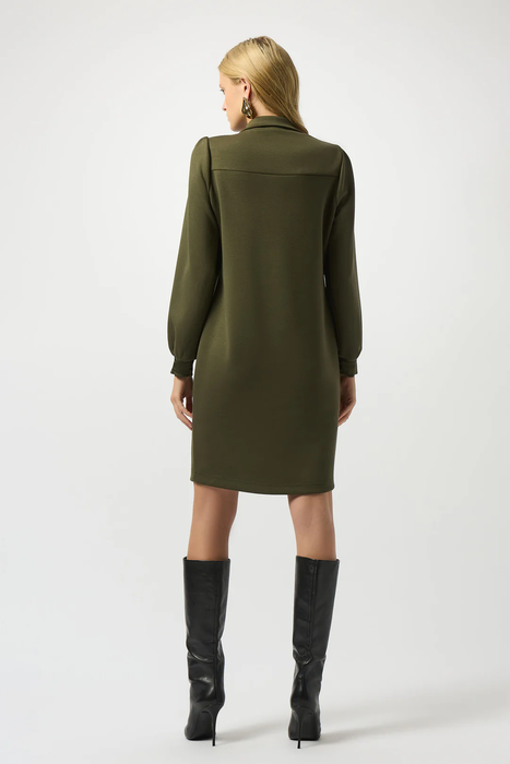 Joseph Ribkoff Khaki Zipped Collared Long Puff Sleeves Shift Dress 253245