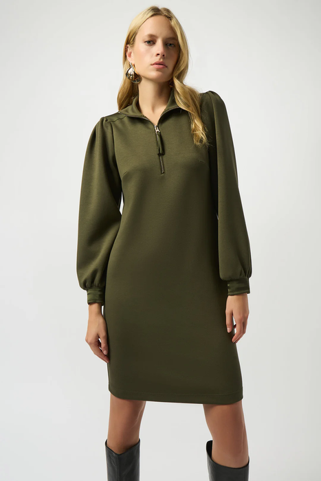 Joseph Ribkoff Khaki Zipped Collared Long Puff Sleeves Shift Dress 253245