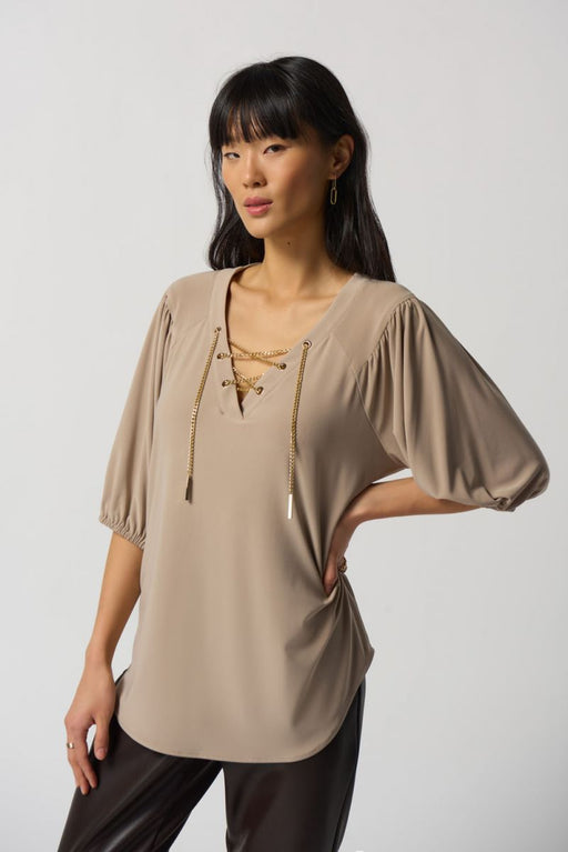 Joseph Ribkoff Style 233203 Latte Lace Up Chain Detail 3/4 Sleeve Tunic Top
