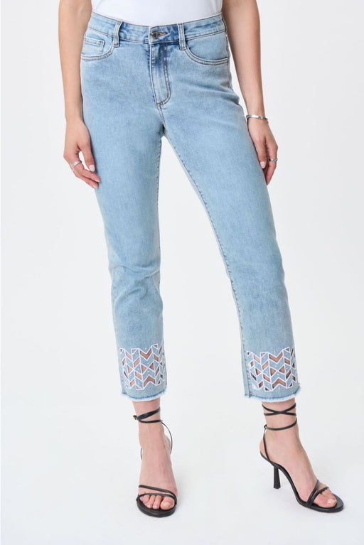 Joseph Ribkoff Style 231923 Light Blue Embellished Cutout Detail Frayed Cropped Jeans