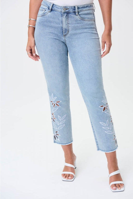 Joseph Ribkoff Style 232914 Light Blue Embroidered Cutout Detail Frayed Cropped Jeans