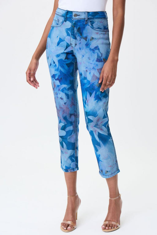 Joseph Ribkoff Style 232939 Light Blue/Multi Floral Print Reversible Slim Cropped Jeans