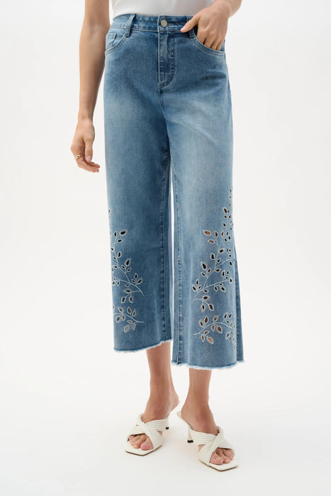 Joseph Ribkoff Light Denim Blue Embroidered Wide Leg Crop Jeans 262915