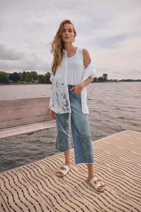 Joseph Ribkoff Light Denim Blue Embroidered Wide Leg Crop Jeans 262915