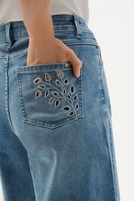 Joseph Ribkoff Light Denim Blue Embroidered Wide Leg Crop Jeans 262915