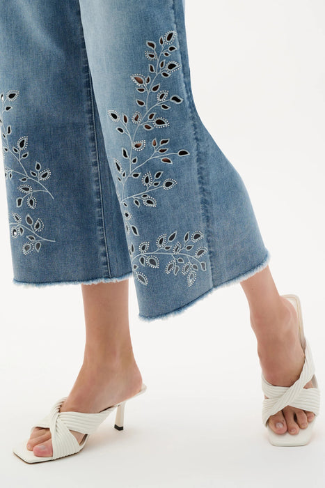 Joseph Ribkoff Light Denim Blue Embroidered Wide Leg Crop Jeans 262915