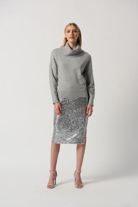 Joseph Ribkoff Light Grey Melange Studded Cowl Neck Sweater Top 234909
