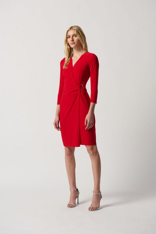 Joseph Ribkoff Style 234282 Lipstick Red Faux Wrap 3/4 Sleeve Sheath Dress