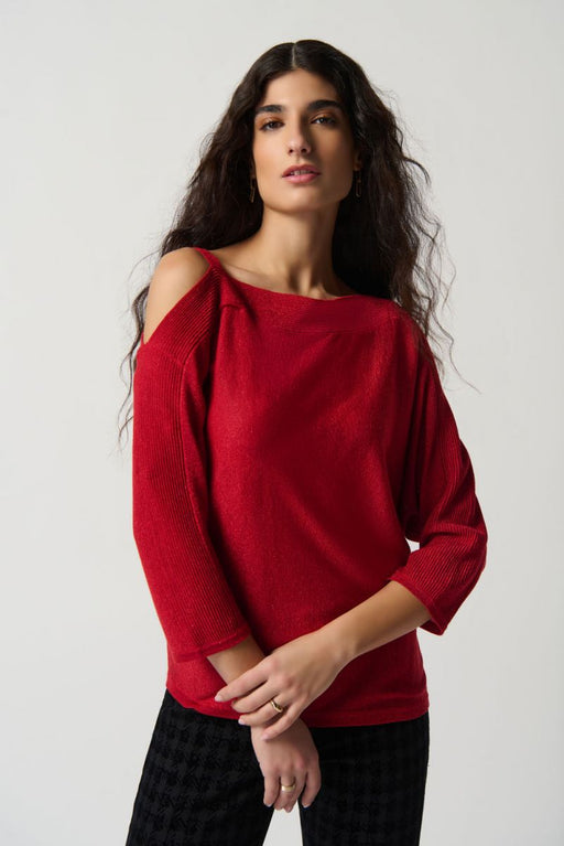 Joseph Ribkoff Style 234916 Lipstick Red Sparkle Knit Cold-Shoulder Sweater Top