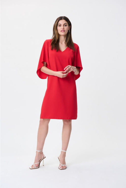 Joseph Ribkoff Style 231203 Magma Red V-Neck 3/4 Asymmetric Sleeve Shift Dress