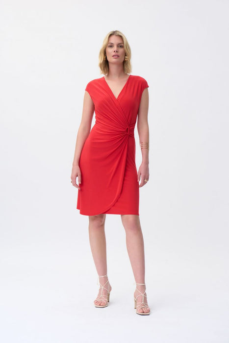 Joseph Ribkoff Style 231138 Magma Red Ruched Cap Sleeve Faux Wrap Dress