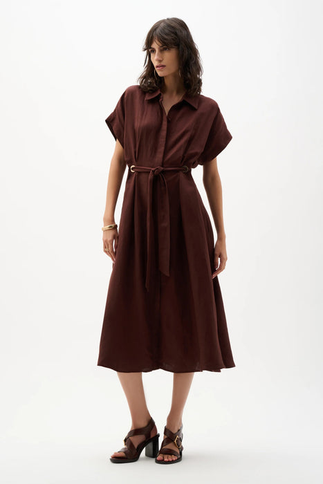 Joseph Ribkoff Mahogany Belted Linen Midi Fit and Flare Dress 262907