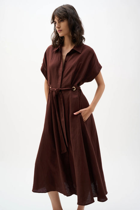 Joseph Ribkoff Mahogany Belted Linen Midi Fit and Flare Dress 262907