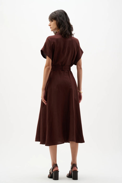 Joseph Ribkoff Mahogany Belted Linen Midi Fit and Flare Dress 262907