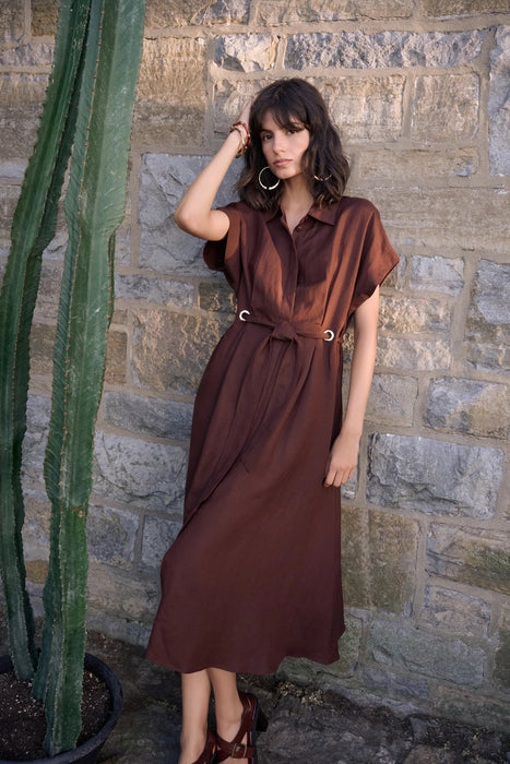 Joseph Ribkoff Mahogany Belted Linen Midi Fit and Flare Dress 262907