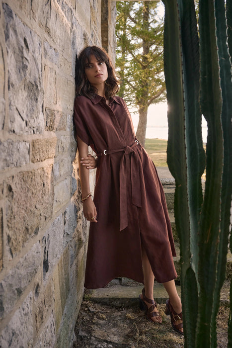 Joseph Ribkoff Mahogany Belted Linen Midi Fit and Flare Dress 262907