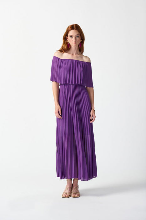 Joseph Ribkoff Majesty Off-Shoulder Pleated Chiffon Party Long Maxi Dress 242926