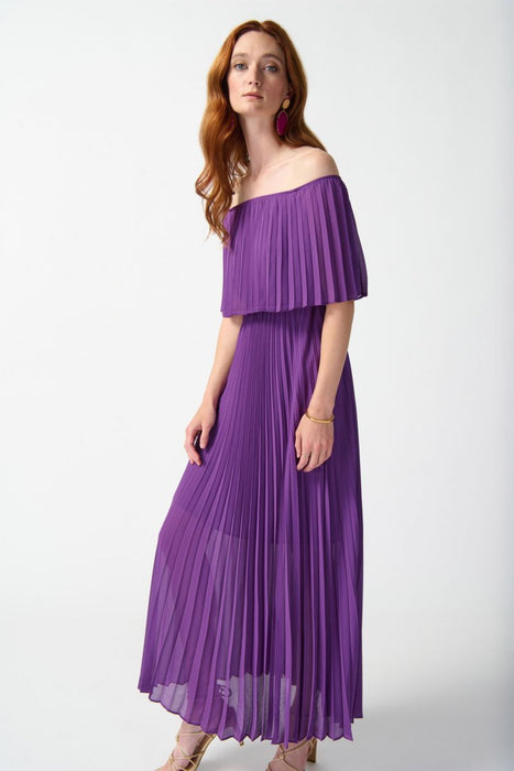 Joseph Ribkoff Majesty Off-Shoulder Pleated Chiffon Party Long Maxi Dress 242926