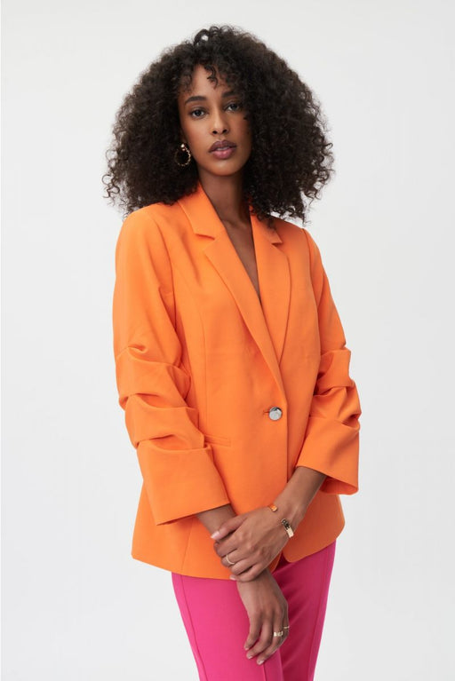 Joseph Ribkoff Style 232921 Mandarin Orange Shirred 3/4 Sleeve Blazer Jacket