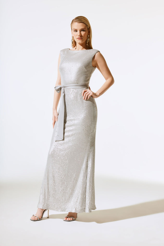 Joseph Ribkoff Matte Silver Sequined Formal Evening Long Dress 243775 AfterRetail Joseph Ribkoff Matte Silver Sequined Formal Evening Long Dress 243775 AfterRetail