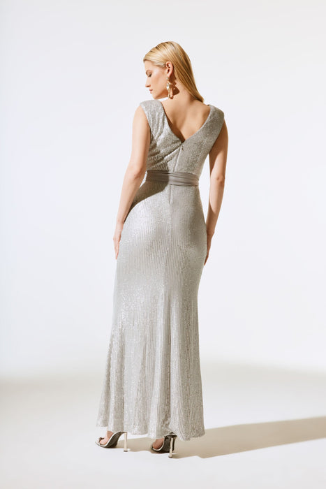 matte silver dress Sweetheart Matte Satin Sheath Maxi Dress With Cutout Rhinestone Slit KOREYILA