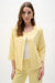 Woman wearing a yellow studded faux suede jacket with open front and front pockets from Joseph Ribkoff
