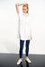 Woman wearing Joseph Ribkoff Memory Cocoon Vest with shirred collar, featuring lightweight white fabric, cocoon silhouette, zip-front design, and a modern, relaxed fit.