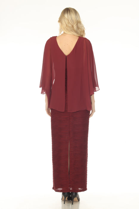 Joseph Ribkoff Merlot Chiffon Overlay Ruched Maxi Evening Dress 253739