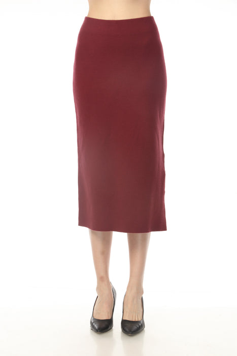 Woman wearing a red high-waist midi pencil skirt with side slit from Joseph Ribkoff