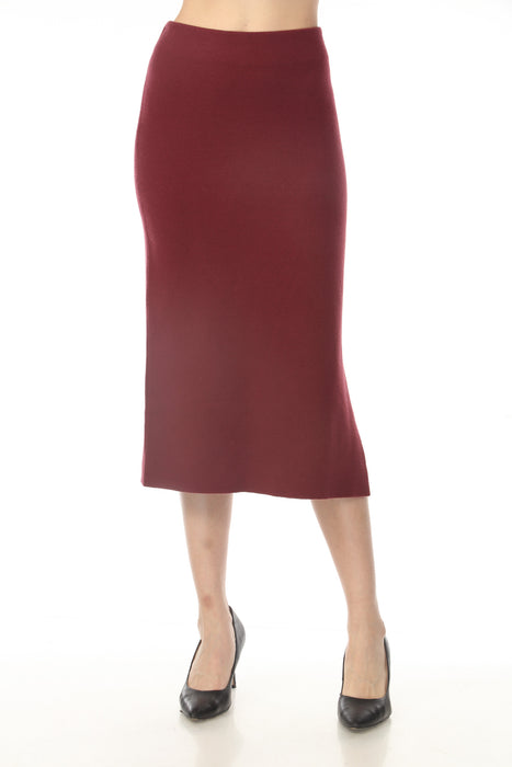 Woman wearing a red high-waist midi pencil skirt with side slit from Joseph Ribkoff