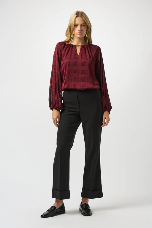 Joseph Ribkoff 253135 Merlot Keyhole Neckline Long Puffed Sleeves Top