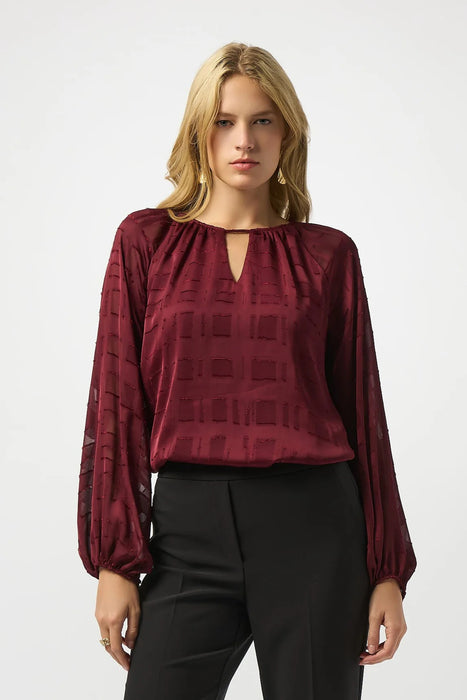 Joseph Ribkoff Merlot Keyhole Neckline Long Puffed Sleeves Top 253135-R