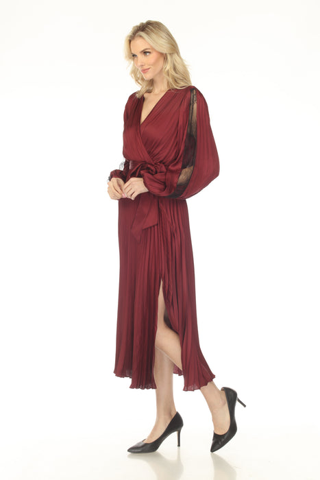 Joseph Ribkoff Merlot Pleated Satin Belted Midi Fit & Flare Dress 253775