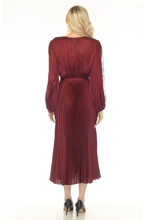 Joseph Ribkoff Merlot Pleated Satin Belted Midi Fit & Flare Dress 253775