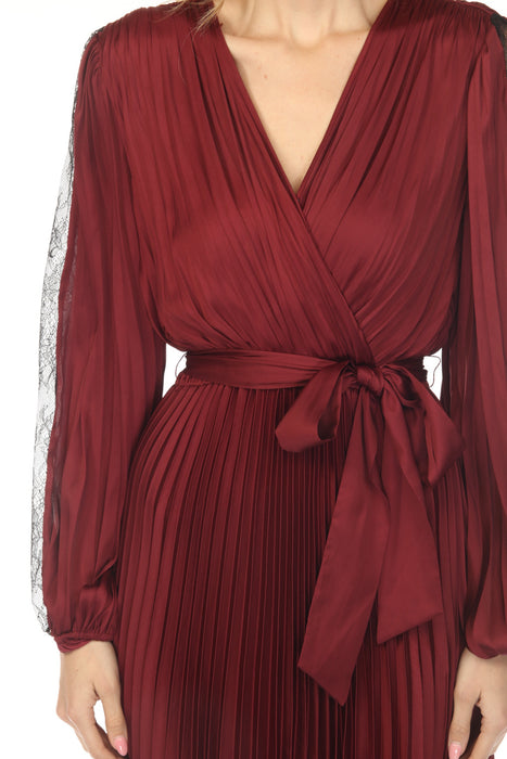 Joseph Ribkoff Merlot Pleated Satin Belted Midi Fit & Flare Dress 253775