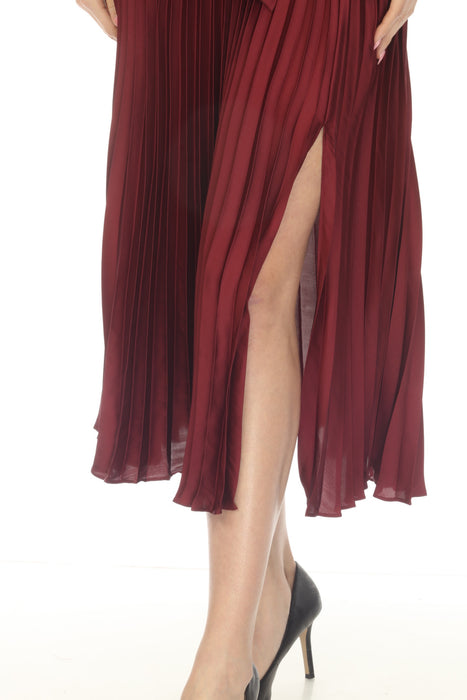 Joseph Ribkoff Merlot Pleated Satin Belted Midi Fit & Flare Dress 253775
