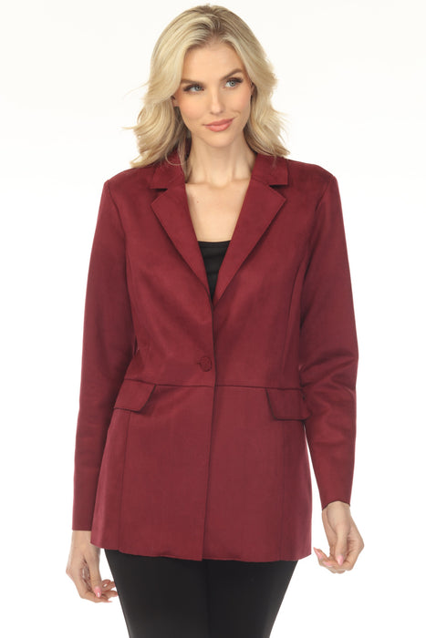 Woman wearing a red scuba suede blazer with fake flap pockets from Joseph Ribkoff